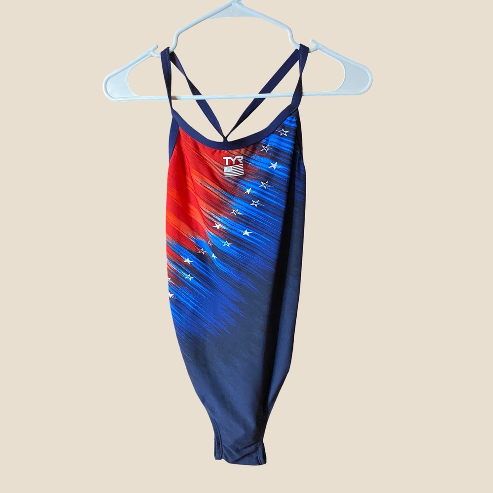 TYR Durafast Elite Valiance Swimsuit Womens XL 38 Red White Blue Stars P04035H